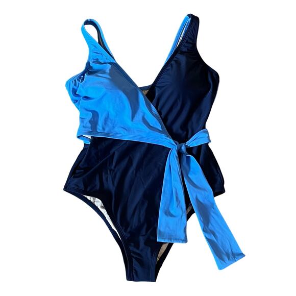 Kona Sol Women’s One Piece Swimsuit Size L Blue Wrap Tie Belted Tummy Control - Picture 1 of 5